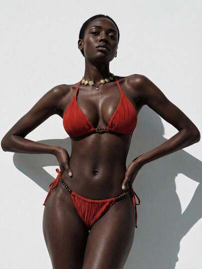 Aveloria Modichic Women's Elegant Beaded Halter Top And Low-Waist Thong Bikini Set, Textured 2-Piece Swimsuit