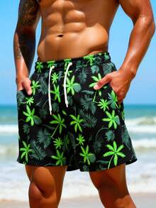 Manfinity Swimmode Men's Palm Tree Print Drawstring Waist Pocket Beach Shorts - Black - View 1