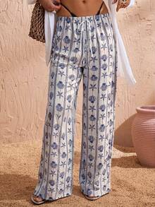 Swim Chiccia 女士沙滩度假条纹贝壳和海星印花罩衫上衣和裤子套装 - 藍色 - 查看 5