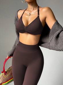 StreetHx Women's Summer Solid Color Pleated Halter Sports Bra And Leggings Set - Brown - View 4