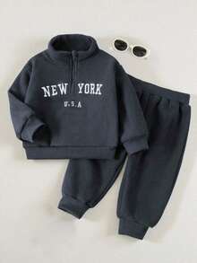 SHEIN Playful Pals 2 件装男婴字母印花长袖拉链运动衫和休闲运动裤套装，休闲秋季服装 - 灰色 - 查看 6