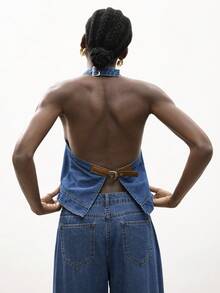 Maija 女士可调节露背吊带牛仔短款上衣，夏季 - 藍色 - 查看 4