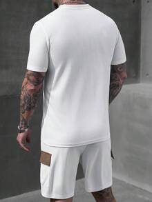 Manfinity Homme Men's 2 Pieces Outfits White And Brown,Summer Casual Vacation Short Sleeve Crew Neck Pocket T-Shirt And Slant Pocket Shorts Set Co Ord Sweatsuit - Grey - View 2