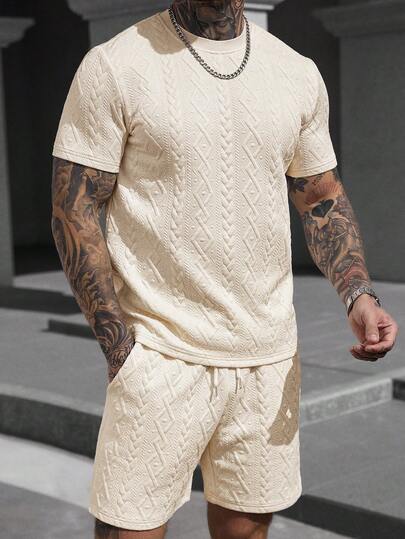 Manfinity CasualCool Men's Round Neck Short Sleeve T-Shirt And Drawstring Waist Pocket Shorts Casual Daily Outfit