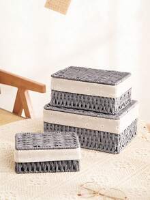 Bộ 3/2/1 giỏ đan để bàn có nắp đậy, dùng để đựng mỹ phẩm, chìa khóa, đồ ăn nhẹ, thích hợp cho phòng khách, hành lang, trang trí nhà cửa, hộp đựng đồ thủ công, giỏ quà cưới, thích hợp cho mùa tựu trường. - Nhiều màu - Xem 9