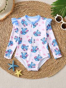 SHEIN Baby Girl Contrast Ruffle Trim Zipper Front One-Piece Swimsuit With Cute Rabbit & Bow Print, Suitable For Beach & Holiday - Blue - View 2