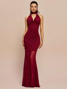 Olia Maree Women's Elegant Burgundy Summer Deep V Ruched Bodycon Dress,Patchwork Sheer Mesh Flared Skirt Long Formal Dining Party Evening Gown - Burgundy - View 7
