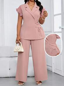 SHEIN Lady CURVE Bộ đồ nữ cỡ lớn màu trơn cổ ve lật thắt eo và quần ống rộng kiểu dáng thường ngày. - Hồng - Xem 1
