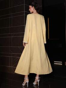 Al Najma 女士优雅休闲阿拉伯风格编织连衣裙，饰有珍珠缎带，长袖，黄色，春夏款 - 黃色 - 查看 2