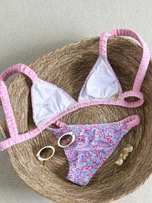 Swim Mod 女士粉色碎花吊带可爱甜美两件式泳衣，褶皱设计，夏季 - 彩色 - 查看 9