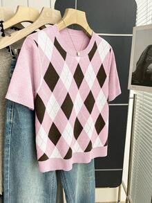 Franclia New Arrival Spring/Summer Retro College Style Colorblock Plaid Knit Pullover Sweater For Women - Pink - View 3