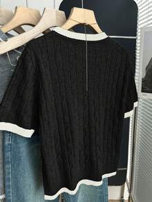 Franclia New Casual Loose Korean Style Round Neck Cable Knit Contrast Color Pullover Sweater For Women, Spring/Autumn - Black - View 2