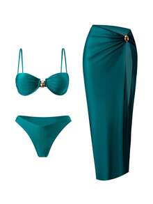 Swim Chiccia 春夏三件套：纯色钢圈可调节吊带上衣、高腰比基尼泳裤和网纱裙，女士优雅泳装套装，适合海滩度假 - 青碧色 - 查看 3