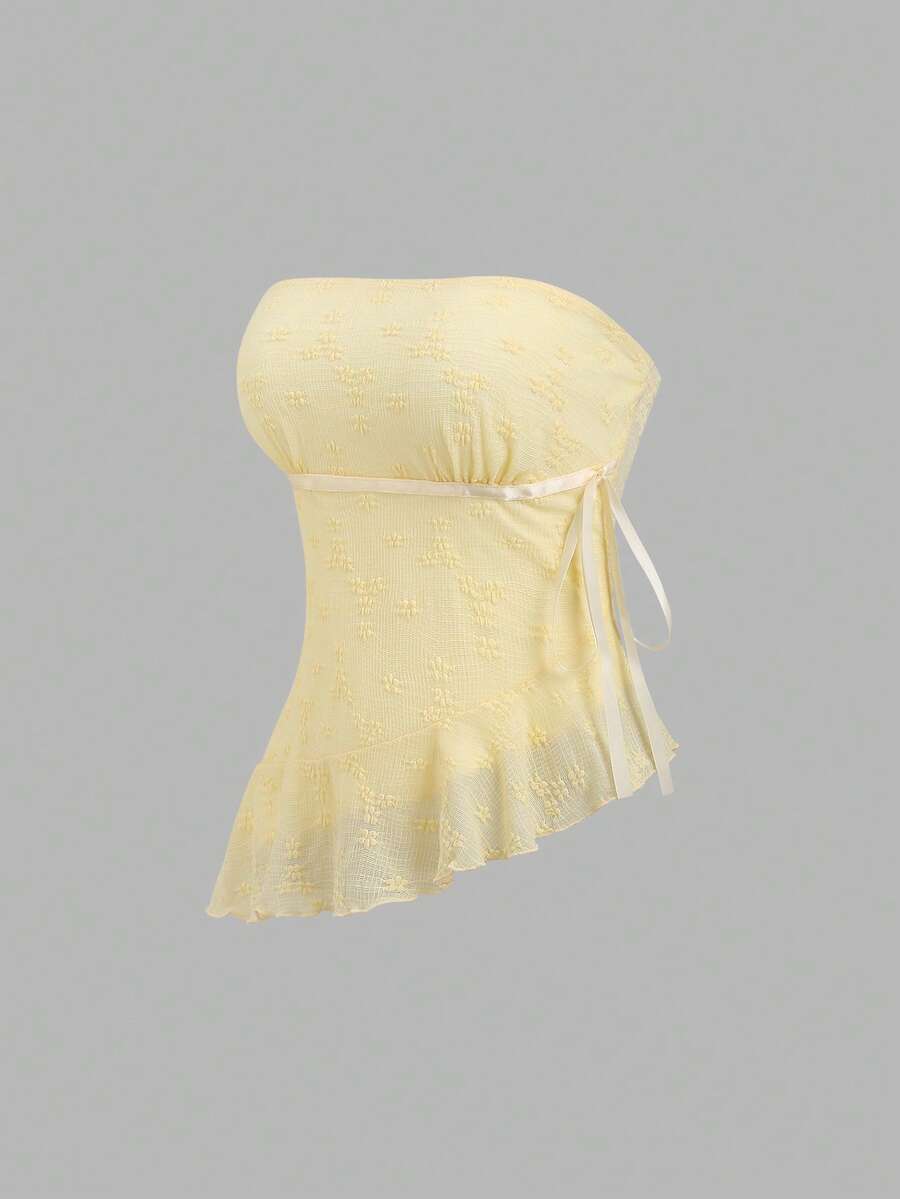 Sweetra Blusa con escote asimétrico, lazo de encaje y estilo Y2K sexy - amarillo ganso - Ver 1