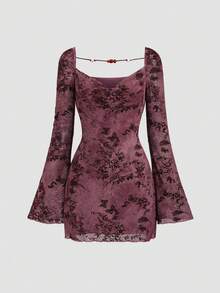 Sweetra Women's Butterfly & Floral Pattern Sweetheart Neck Long Sleeve Dress, Spring/Summer - Purple - View 3