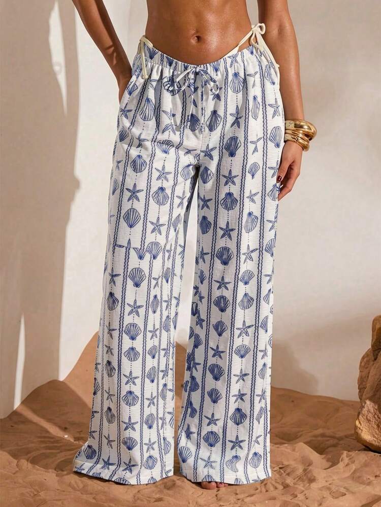 Swim Chiccia 女士沙滩度假条纹贝壳和海星印花罩衫上衣和裤子套装 - 藍色 - 查看 3