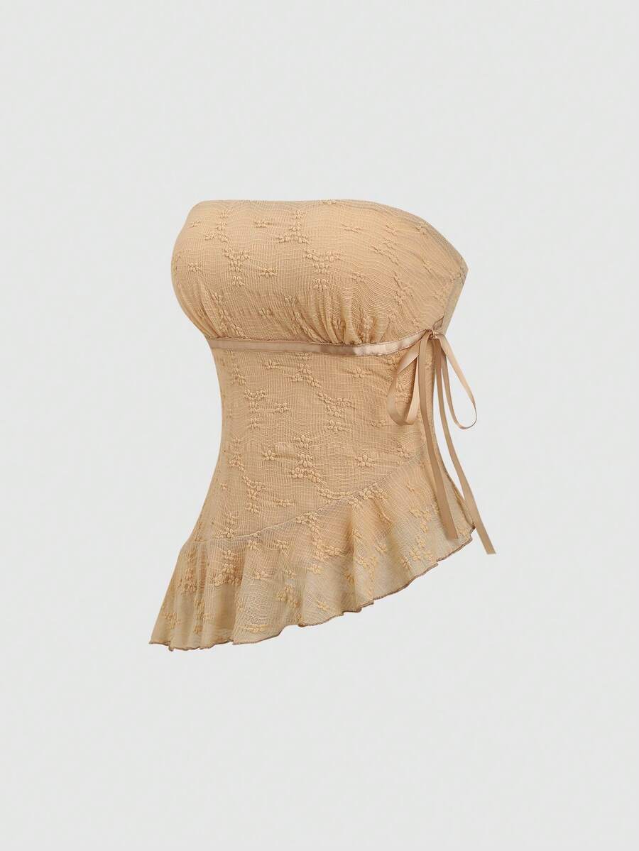 Sweetra Y2K Sexy Bandeau Lace Bow Asymmetrical Crop Top - Khaki - View 1