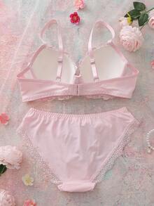 Conjunto de lencería con sujetador balconette acolchado con aros bordado con flores y babydoll lindo, fresco y romántico - Rosa - Ver 2