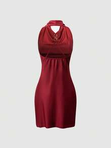 Đầm nữ thời trang cổ khoét sâu, hở vai, không tay, thiết kế dây kim loại, thích hợp cho hẹn hò, tiệc tùng, ăn tối, mùa xuân/hè. - Màu Đỏ Sâu - Xem 2