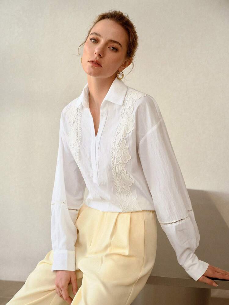 PATCHWORK LACE DROP SHOULDER LOOSE WHITE BLOUSE