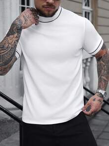 Manfinity Homme 男士休闲撞色领短袖T恤，夏季 - 白色 - 查看 4