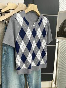 Franclia New Vintage College Style Colorblock Plaid Knit Pullover Sweater For Women, Spring/Summer - Grey - View 3