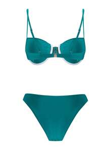 Swim Chiccia 春夏三件套：纯色钢圈可调节吊带上衣、高腰比基尼泳裤和网纱裙，女士优雅泳装套装，适合海滩度假 - 青碧色 - 查看 4