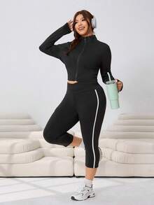 SHEIN EZwear 大尺碼黑白對比條紋七分緊身褲，高彈力針織休閒夏季健身服，適用音樂節、度假、街頭穿搭、通勤 - 黑色 - 查看 3