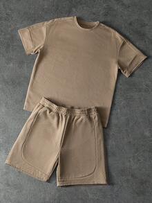 Manfinity Roghcode Herren Casual Retro INS Bestseller Kurzarm T-Shirt Set, Essentiell für tägliche Unternehmungen, tolles Geschenk für Familie und Freunde, strukturiertes Jacquard Muster reguläres Muster Multi-Struktur Patchwork Design Herren T-Shirt Set, Frühling bis Sommer, Sommer, Urlaub, Vintage, Ausgehen, Party, Festival, Geschenk für meinen Freund, Streetwear, Workout - Aprikosenfarben - Übersicht 3