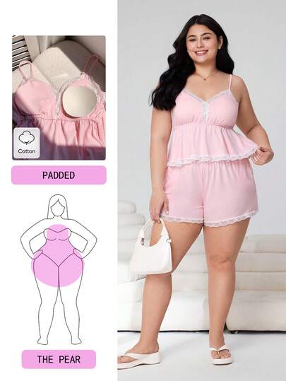 Solflare Plus Size Women's Lace Patchwork Camisole And Pink Shorts 2 Pieces Set, Spring/Summer,Carnival Women Look 2026, Holiday Outfits, Casual,Knitted Camisole Top With Padded Bra And Lace Trim Shorts Set Lace Trim Two Piece Set Cute Two Piece Set