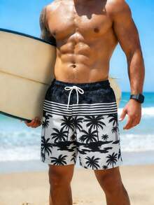 Manfinity Swimmode Herrstrandshorts med tropiskt palmträdsmönster och dragsko i midjan för sommarsemester - Svart och Vitt - Visa 3