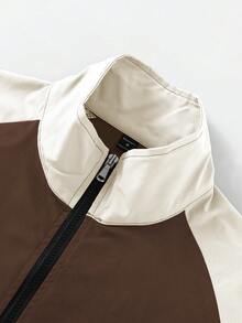 Manfinity EMRG Men's Graphic Print Sports Jacket,Brown And White,Autumn,Streetwear,City Break,Back-To-School Stand Collar Zip-Up Patchwork Racing Jacket For Casual - Coffee Brown - View 4