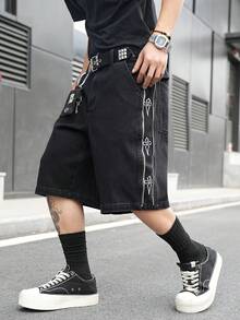 Manfinity EMRG Quần short denim đen nam kiểu dáng đường phố, thêu họa tiết, có khóa kéo. - màu đen - Xem 3