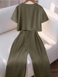 Franclia 2 件套女士时尚优雅圆领短袖衬衫和休闲裤套装 - 咖啡棕 - 查看 2