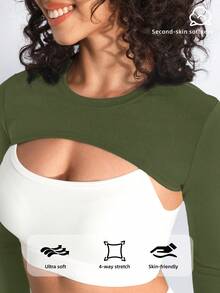 SHEIN Cheerettes 女士纯色圆领休闲百搭日常长袖运动T恤 - 軍綠色 - 查看 4