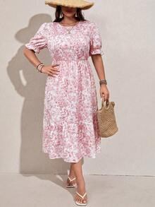 Comfylo 大码印花休闲度假连衣裙 - 粉色 - 查看 6