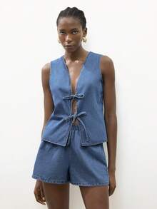 Maija Bộ đồ nữ mùa hè kiểu dáng thường ngày gồm áo vest buộc dây và quần short denim. - Rửa trung bình - Xem 3