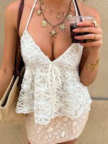 Avenya Mesh Embroidered Halter Backless Casual Vacation Cropped Top - Apricot - View 2