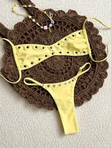 SHEIN Swim 2025新款女士纯色性感抹胸沙滩度假休闲性感泳装套装 - 黃色 - 查看 4