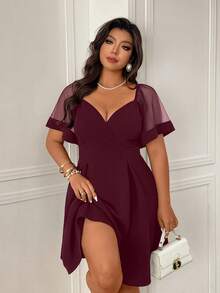 Femmeverse Vestido evasé de mujer talla grande con parches de malla, estilizador y elegante - Morado - Ver 4