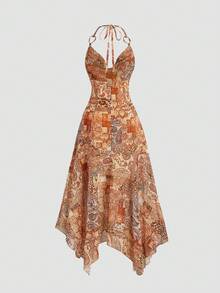 Sunnyshic Frühlings-/Sommer-Vintage-Party- & Fotoshooting-Kleid für Frauen mit tiefem Ausschnitt, Metallschnalle und asymmetrischem Saum im Boho-Stil - Verschiedenfarbig - Übersicht 2
