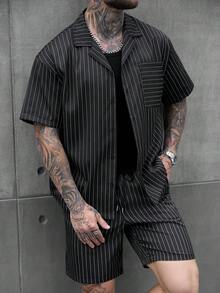 SLATEMANN Men's Black Striped Casual Vacation Shirt And Shorts Set, Spring/Summer - Black - View 4
