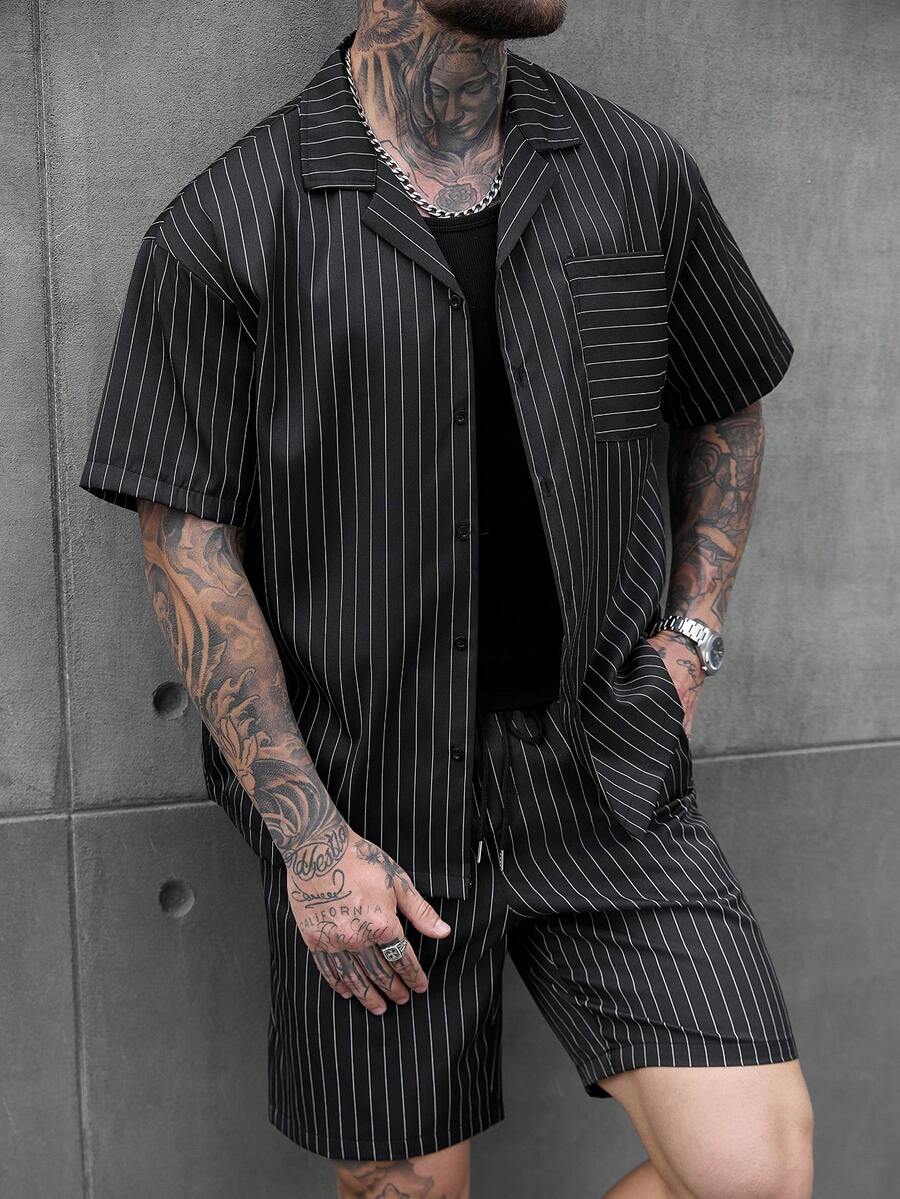 SLATEMANN 男士黑色条纹休闲度假衬衫短裤套装，春夏款 - 黑色 - 查看 1