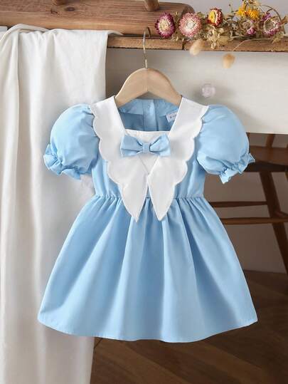 女童可爱蝴蝶结装饰花朵领短袖连衣裙，适合日常外出、度假、公园玩耍