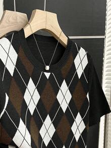 Franclia Nuevo Llegado Suéter de Punto con Bloques de Color Retro Estilo Universitario a Cuadros para Mujer, Primavera/Verano - Negro - Ver 8