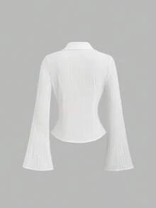 Sweetra Nueva camisa de manga larga acampanada y cintura ceñida, adecuada para ir al trabajo y salidas, primavera/verano - Blanco - Ver 2