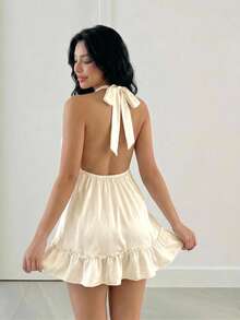 Sweetina 性感深V领露背吊带系带迷你连衣裙 - 米色 - 查看 2