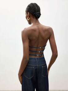 Maija 夏季女士性感露背抹胸牛仔上衣 - 深色水洗藍 - 查看 1