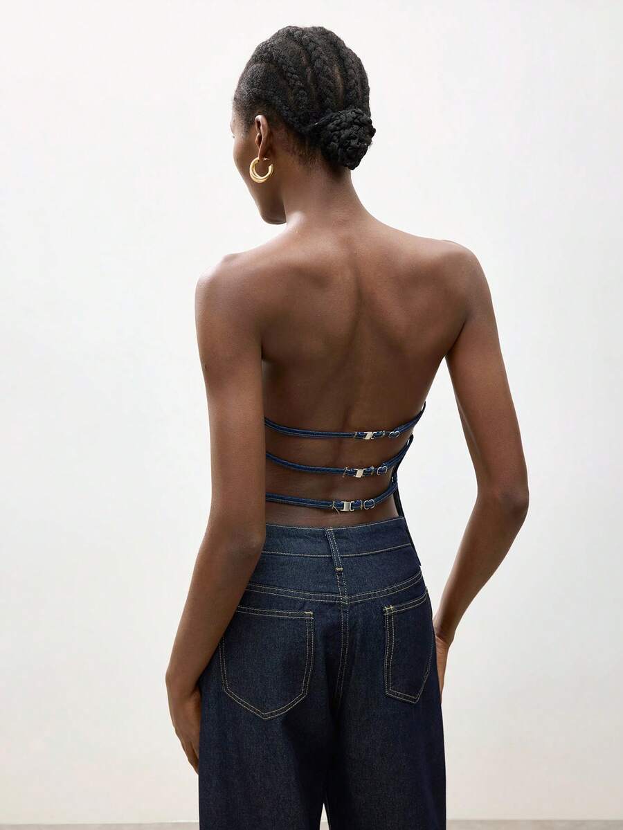 Maija 夏季女士性感露背抹胸牛仔上衣 - 深色水洗藍 - 查看 1