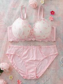 Elorette 2pcs Set Bra Balconette Nyaman dengan Kawat Penyangga dan Bantalan, Motif Bunga Bordir, 3/4 Cup, Lucu, Segar, Romantis, Punggung Terbuka, Dekorasi Pita, Set Pakaian Dalam Ukuran Besar - Berwarna merah muda - View 1